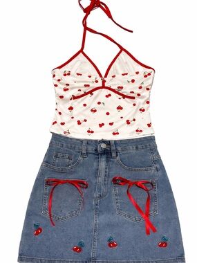 SHEIN Blue Denim Mini Skirt with Red Cherry Embroidery & Ribbon Detail